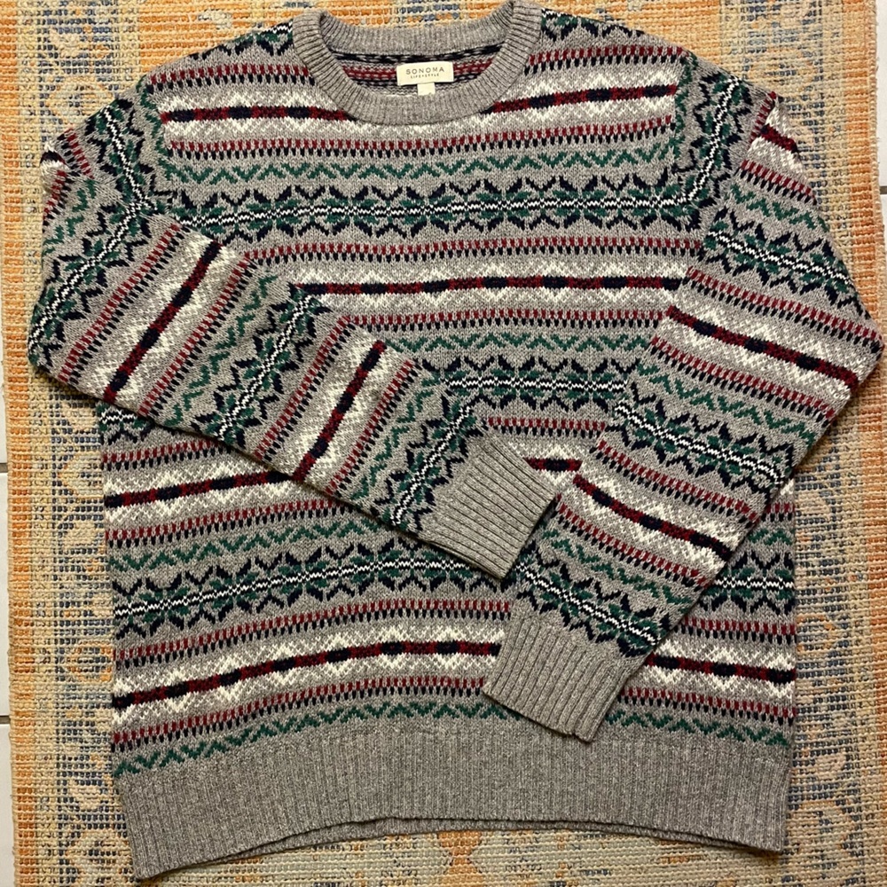 Sonoma Patterned Crewneck Sweater Gray Large Wool Blend